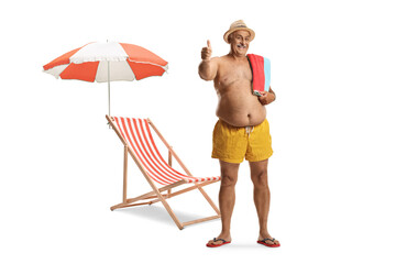 Poster - Beach chair and a male tourist gesturing thumbs up