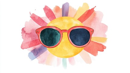 Poster - Colorful and Funky Retro Style Watercolor Clipart Design with a Sun Icon Rainbow Rays and Stylized Sunglasses on a White Background