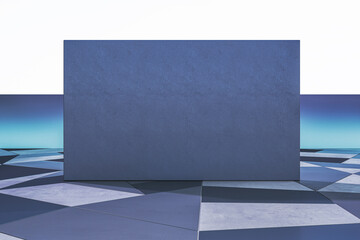 Poster - Luxury white and blue geometric gallery interior with mock up place on wall. Exhibition and art concept. 3D Rendering.