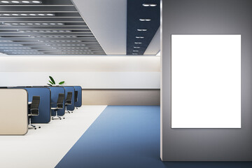 Poster - Modern blue coworking interior with partitions and blank white mock up banner on wall. 3D Rendering.