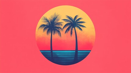 Vibrant and groovy retro watercolor style clipart of a classic vinyl record with a tropical palm tree design label isolated on a white background