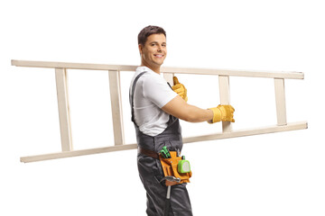 Poster - Repairman walking and carrying a white ladder