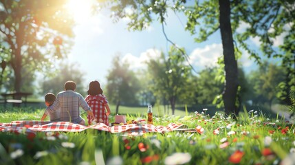 Wall Mural - A family of three enjoys a picnic in a sunny meadow.