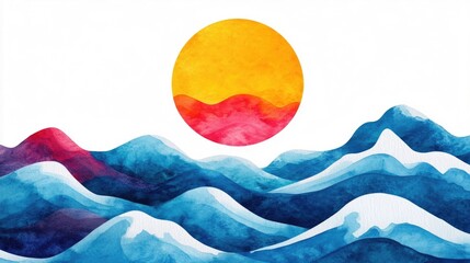 Poster - Vibrant and playful groovy retro summer watercolor clipart design featuring psychedelic waves a radiant sun and a colorful abstract background