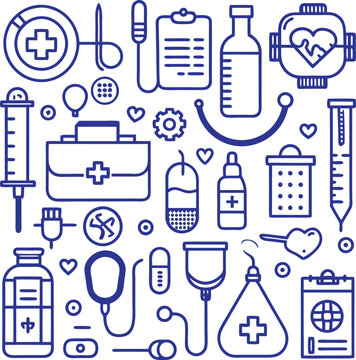 medical icons set in blue line style