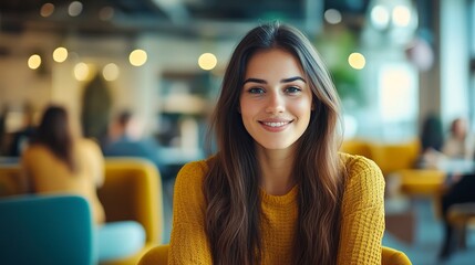 Portrait of a business woman sitting in an office with his colleagues in the background. Happy business woman working in a co-working office. Generative ai