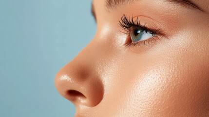 A close-up of a model contouring her nose with makeup.