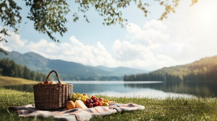 Wall Mural - picnic basket by lake with fruit on blanket