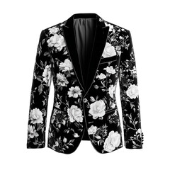 black and white flower shapes velvet smokin suit jacket isolated on transparent or white background  