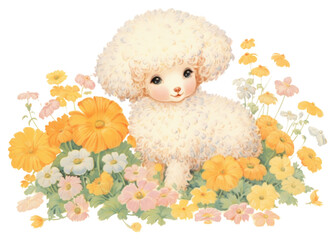 Poster - PNG Baby sheep in flower garden plant cute toy.