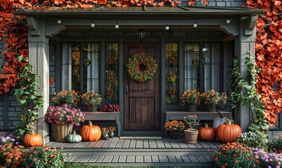 front door entrance decorating with pumpkins,flowers autumn fall concept generative ai.