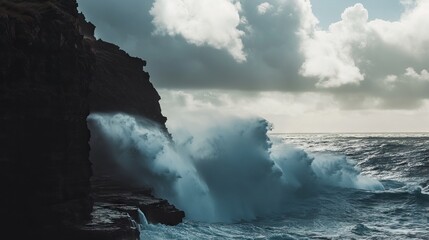  Powerful Ocean Waves Crashing Against Rugged Cliffs with Sea Spray and Dramatic Clouds. AI generated illustration