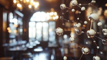 Close-up of coffee molecules with a backdrop of a luxurious coffeehouse setting with elegant decor