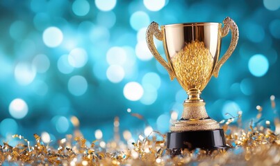 Wall Mural - golden trophy award bokeh soft blue background