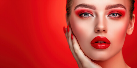 Bold Red Beauty Portrait - Striking Makeup and Bright Red Background for Professional Fashion Photography