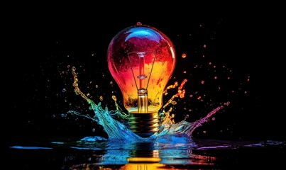 Wall Mural - lightbulb idea concept with colorful liquid of splashing unique creative idea on black background