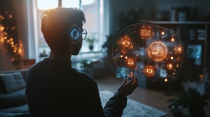 Poster - person interacting with digital holographic interface in a cozy indoor space during the evening