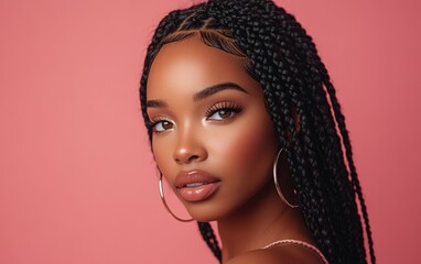 portrait of a young african american woman with braided hair, wearing a pink outfit and full makeup,