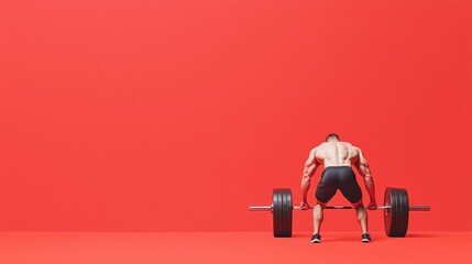 Determined Heavyset Man Lifting Weights in Gym, Red Background with Copy Space for Fitness Concept, Generative AI