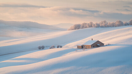 Snowy countryside with rolling hills and a lone farmhouse, bathed in the soft light of the early morning sun.