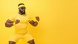 © happysunstock - Determined Heavyset Man Doing Flexibility Exercises with Resistance Bands on Yellow Background | Fitness Routine and Wellness Concept with Copy Space, Generative AI