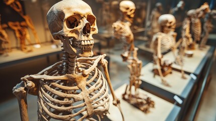 A skeleton is displayed in a museum with other skeletons