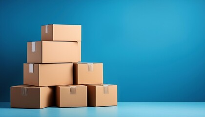 Stack of Cardboard Boxes on Blue Background