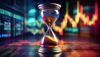 Time and Trades An hourglass ticks away against a backdrop of vibrant stock market data, symbolizing the fleeting nature of financial opportunities and the urgency of investment decisions.