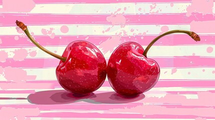 Two bright cherries rest together on a soft pink striped background, showcasing their glossy texture and vibrant colors