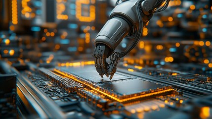 Poster - A sleek robotic arm interacts with intricate circuits amidst a glowing, high-tech backdrop, showcasing innovation and design