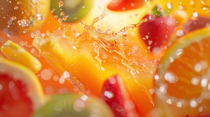 Fresh fruit juice splash with variety of fruits macro closeup view