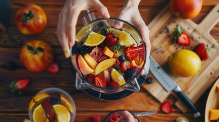 Wall Mural - A female is making a healthy smoothie drink with a blender mixer in kitchen