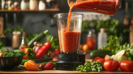 Wall Mural - Blender mixer in kitchen with various vegetables ready to make vegetable smoothie drink.