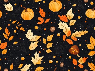 Seamless repeating pattern of fading autumn leaves miniature pumpkins and acorns in a cozy festive and seasonal design