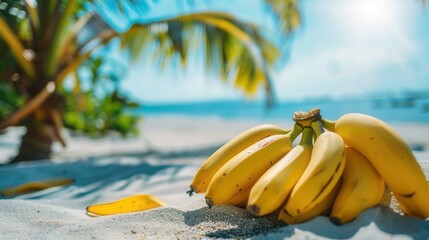 Banana fruit on ground at sandy beach