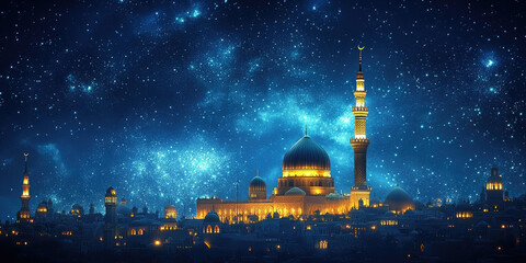 Wall Mural - Beautiful mosque illuminated at night with a starry sky in the background, celebrating the birth of the prophet Muhammad. This design is perfect for mawlid al nabi celebrations. Banner. Copy space