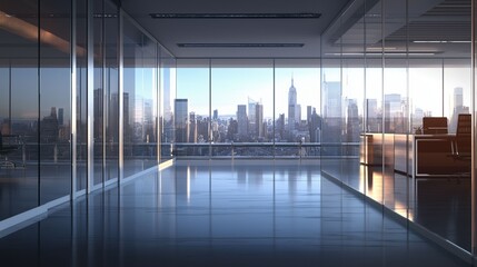 Wall Mural - A sleek, empty office space with glass walls overlooking a stunning city skyline at sunrise.