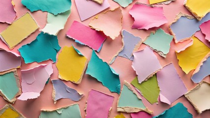 Poster - Torn and ripped paper scraps in various colors and shapes on a pink background , torn, ripped, paper, scraps, colorful, shapes