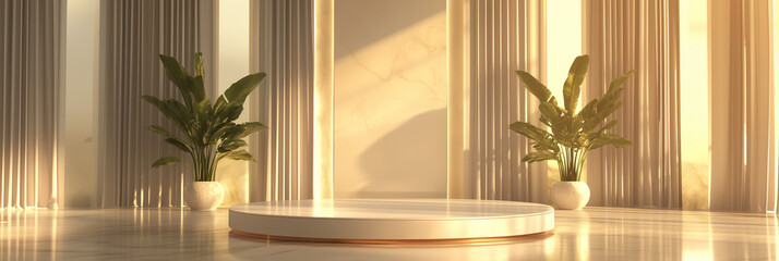 Luxurious gold-colored minimalist room with a white marble floor, tall curtains, and two large potted plants, featuring a white circular podium in the center.