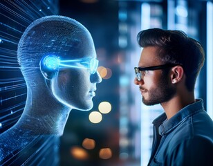 Wall Mural - The Future of Connection A young person wearing glasses gazes intently at a holographic projection of a human face, representing the potential of AI and virtual reality to connect us i