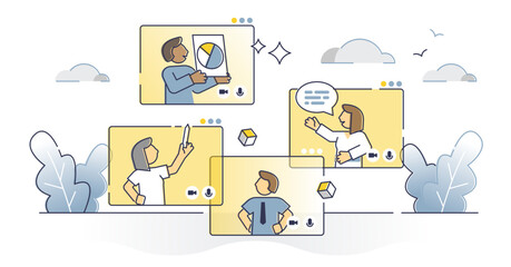 Wall Mural - Video meeting stream as distant work with online conversation outline concept, transparent background. Communication using digital internet service video call option illustration.