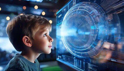 Wall Mural - Digital Interface A young boy gazes in wonder at a futuristic digital interface, the glow of the screen illuminating his face. The image evokes curiosity, innovation, and the potential of technology.