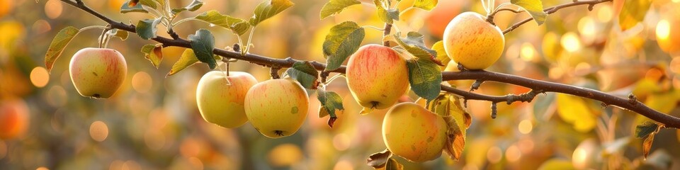 Golden delicious apples hanging from tree branches in an orchard garden