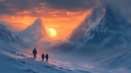 Travelers walking through a snow-covered mountain pass, with the sun rising over the peaks in the background.