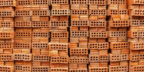 Poster - Background of red clay bricks stacked together , construction, building material, masonry, textured, architecture, industrial, pattern