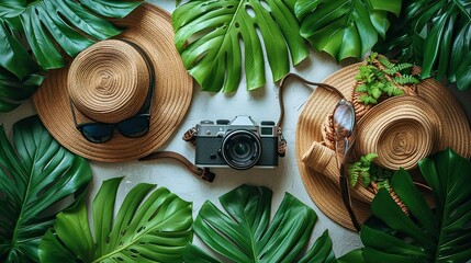 Wall Mural - flat lay summer fashion female accessories on white background with tropical palm leaf top view photo camera sunglasses rattan bag summer background travel holiday vacation concept.