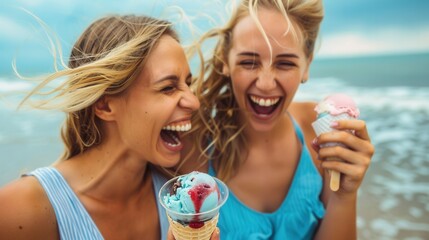 Young friends holding ice cream and laughing