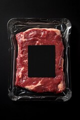 Wall Mural - Fresh raw beef steak in vacuum packed with empty black label on black background