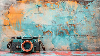 Sticker - Vintage Camera on Artistic Pastel Background Celebrating World Photography Day with Vibrant Colors and Textures