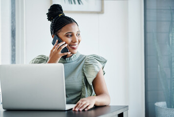 Poster - Black woman, phone call and laptop for thinking in office, digital notes and calendar app for schedule. Female person, talking and contact business client for negotiation on deal, online and planning